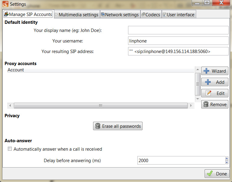 Rys. 9. Okno zarządzania kontami SIP programu linphone.