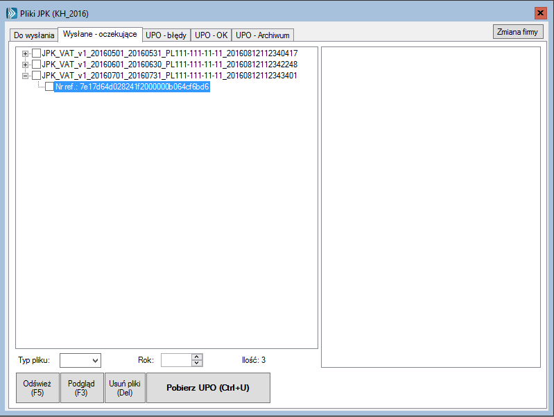 Na liście widzimy: plik źródłowy JPK plik, w którym został zapisany numer referencyjny. Za pomocą klawisza <F3> możemy w przeglądarce zobaczyć zawartość pliku JPK lub pliku z numerem referencyjnym. 4.