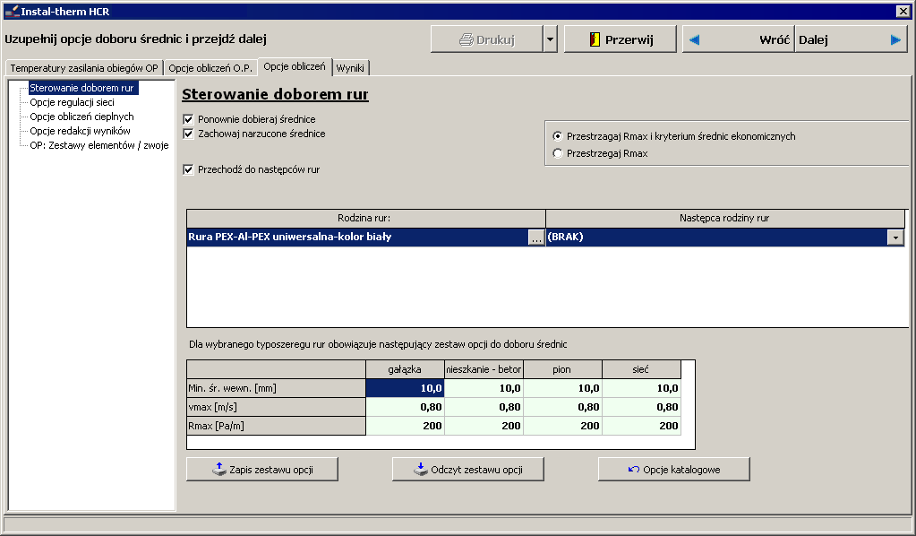 Lekcja 2: Instal-therm 4 HCR 11.Klikamy Dalej. Zakładka Opcje obliczeń dotyczy ogrzewania grzejnikowego, płaszczyznowego i sieci rozdzielczej.