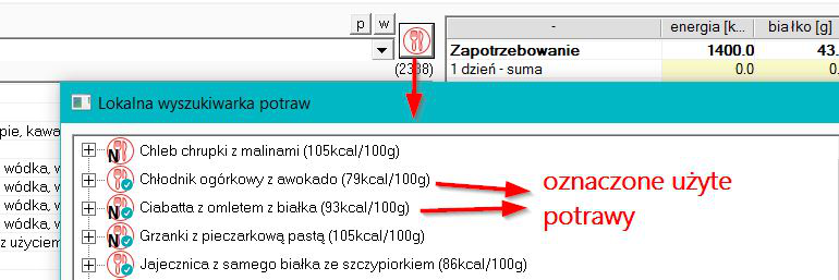 Opis zmian w programie: Wersja 4.10.10 1. Dla pacjenta, dla którego układamy kolejną dietę, dodaliśmy oznaczenie użytych wcześniej potraw w lokalnej wyszukiwarce potraw.