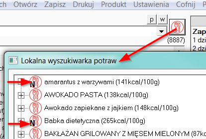 12. Lokalna wyszukiwarka potraw: - dodaliśmy oznaczenie czarną literką N potraw nietolerowanych lub nie lubianych przez pacjenta (na podstawie odznaczonych nietolerancji w karcie pacjenta).