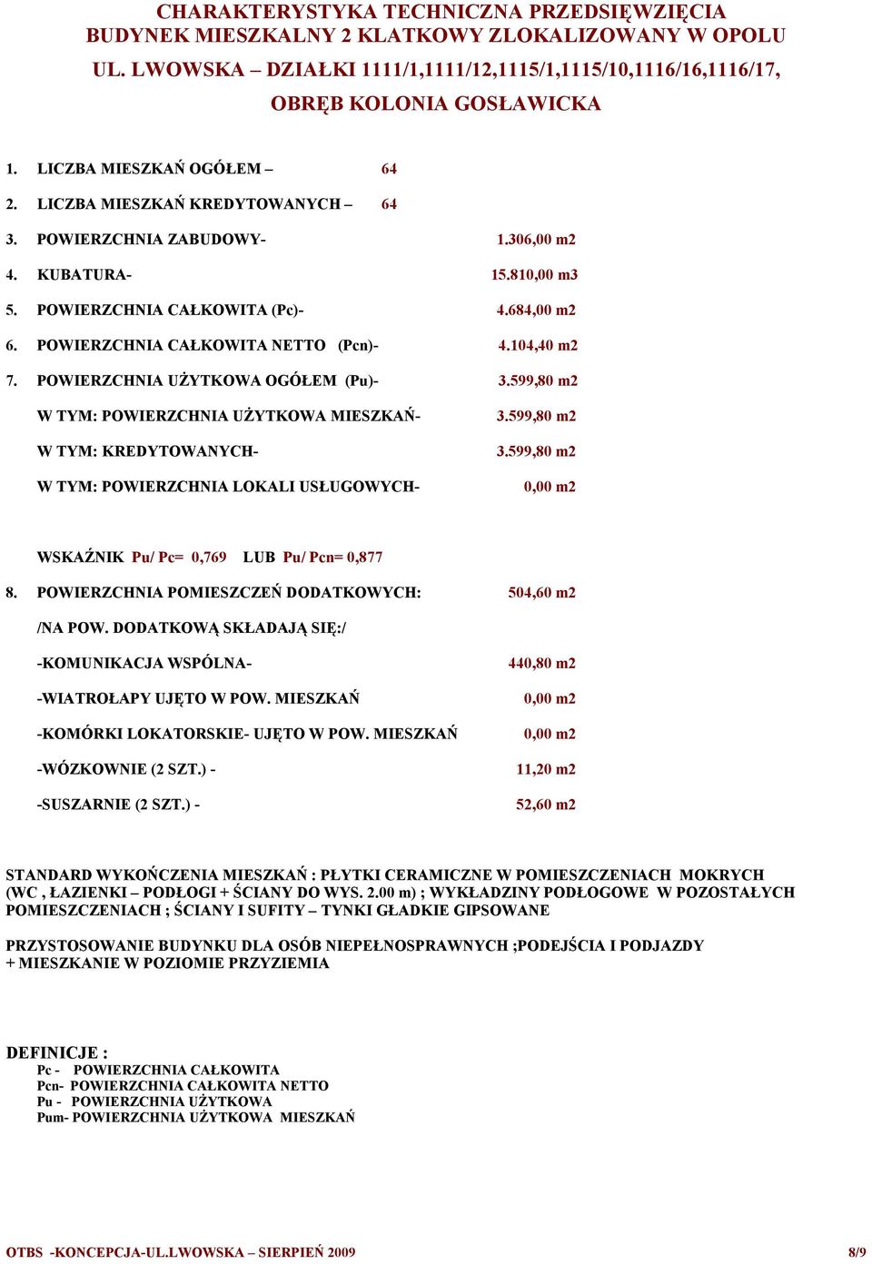 POWIERZCHNIA CAŁKOWITA NETTO (Pcn)- 4.104,40 m2 7. POWIERZCHNIA UŻYTKOWA OGÓŁEM (Pu)- 3.599,80 m2 W TYM: POWIERZCHNIA UŻYTKOWA MIESZKAŃ- W TYM: KREDYTOWANYCH- 3.599,80 m2 3.