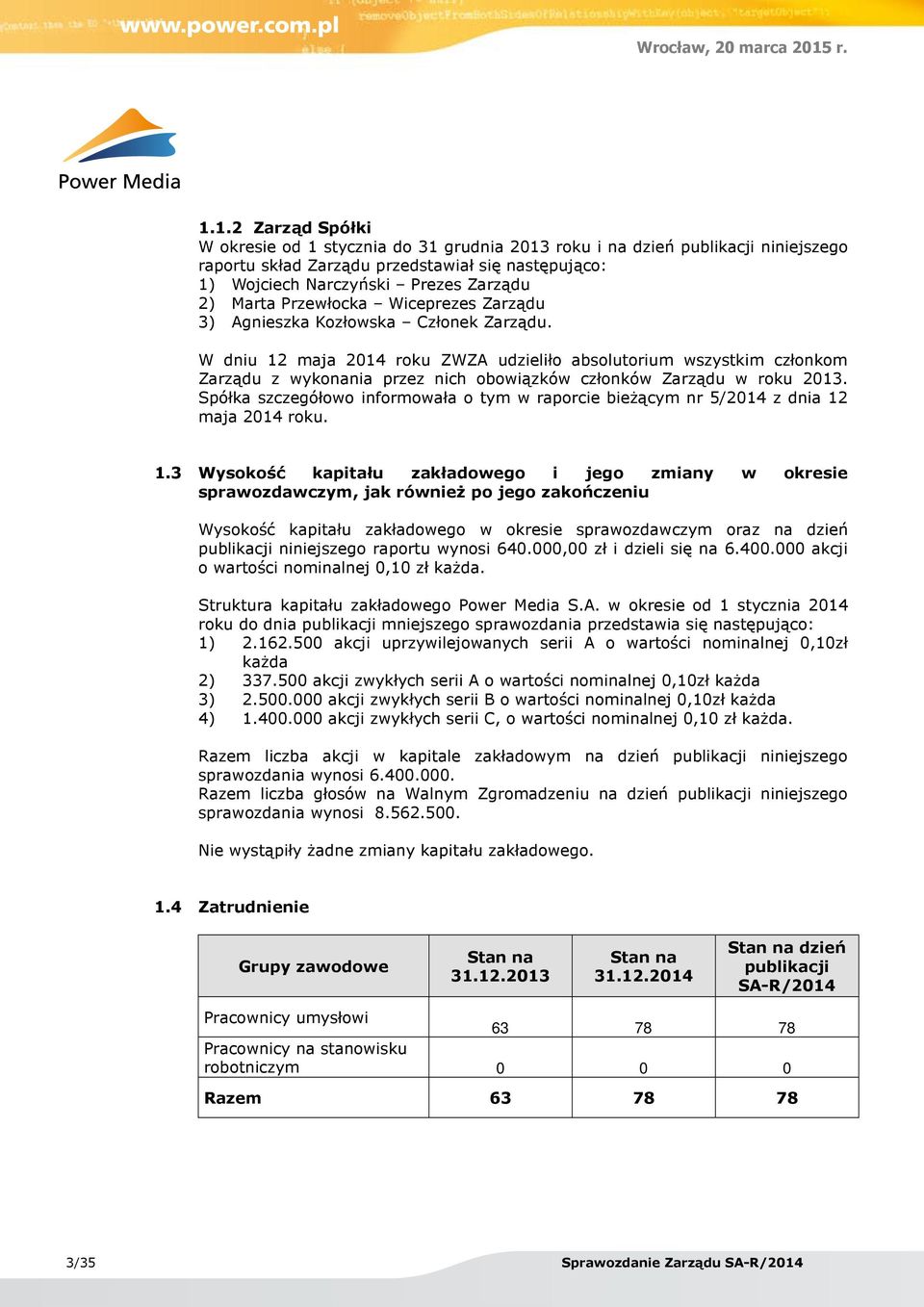 W dniu 12 maja 2014 roku ZWZA udzieliło absolutorium wszystkim członkom Zarządu z wykonania przez nich obowiązków członków Zarządu w roku 2013.