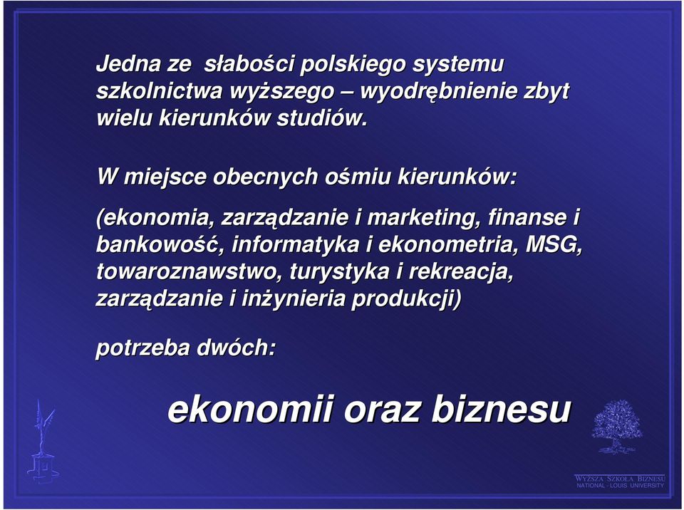 W miejsce obecnych ośmiu kierunków: (ekonomia, zarządzanie i marketing, finanse i