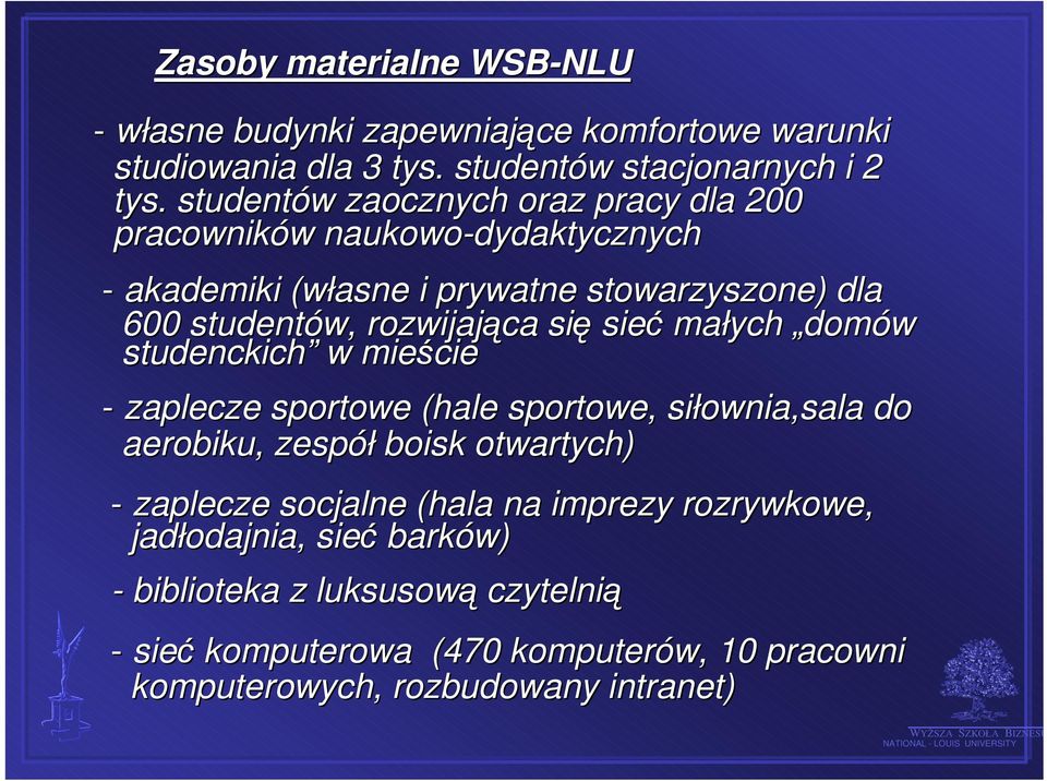 się sieć małych domów studenckich w mieście - zaplecze sportowe (hale sportowe, siłownia,sala do aerobiku, zespół boisk otwartych) - zaplecze socjalne