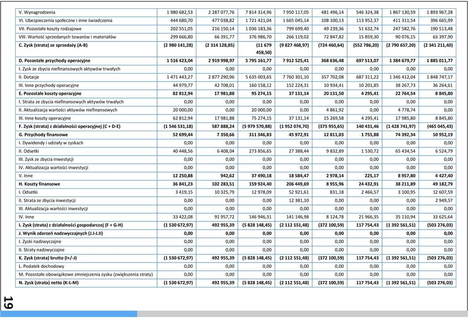 Pozostałe koszty rodzajowe 202 551,05 216 150,14 1 036 183,36 799 699,40 49 239,36 51 632,74 247 582,76 190 513,48 VIII.