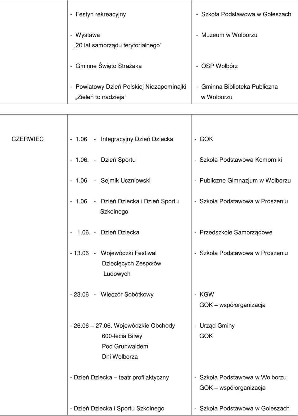 06 - Sejmik Uczniowski - 1.06 - Dzieñ Dziecka i Dzieñ Sportu Szkolnego - 1.06. - Dzieñ Dziecka - 13.06 - Wojewódzki Festiwal Dzieciêcych Zespoùów Ludowych - 23.