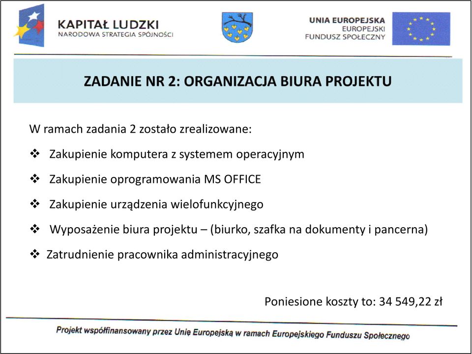 Zakupienie urządzenia wielofunkcyjnego Wyposażenie biura projektu (biurko, szafka na