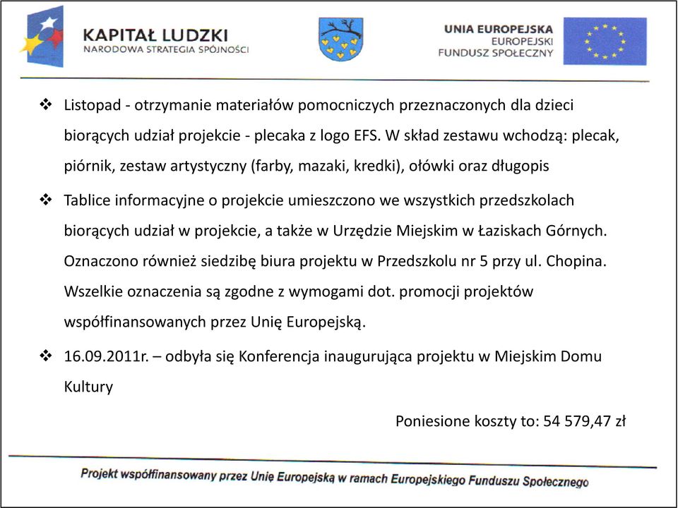 przedszkolach biorących udział w projekcie, a także w Urzędzie Miejskim w Łaziskach Górnych. Oznaczono również siedzibę biura projektu w Przedszkolu nr 5 przy ul. Chopina.