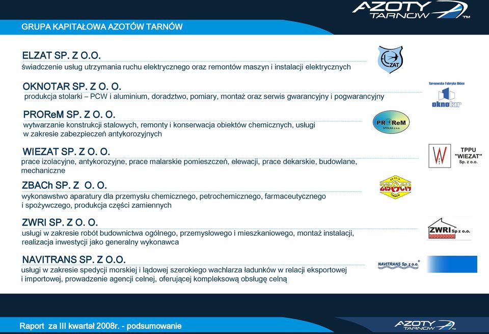 Z O. O. wykonawstwo aparatury dla przemysłu chemicznego, petrochemicznego, farmaceutycznego i spożywczego, produkcja części zamiennych ZWRI SP. Z O. O. usługi w zakresie robót budownictwa ogólnego, przemysłowego i mieszkaniowego, montaż instalacji, realizacja inwestycji jako generalny wykonawca NAVITRANS SP.