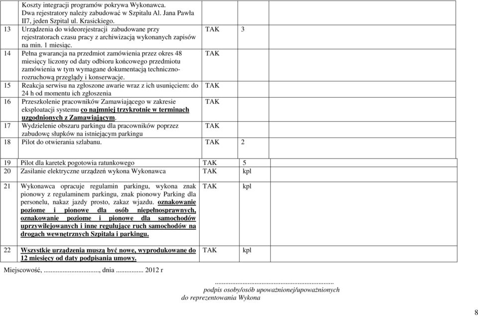 14 Pełna gwarancja na przedmiot zamówienia przez okres 48 TAK miesięcy liczony od daty odbioru końcowego przedmiotu zamówienia w tym wymagane dokumentacją technicznorozruchową przeglądy i konserwacje.