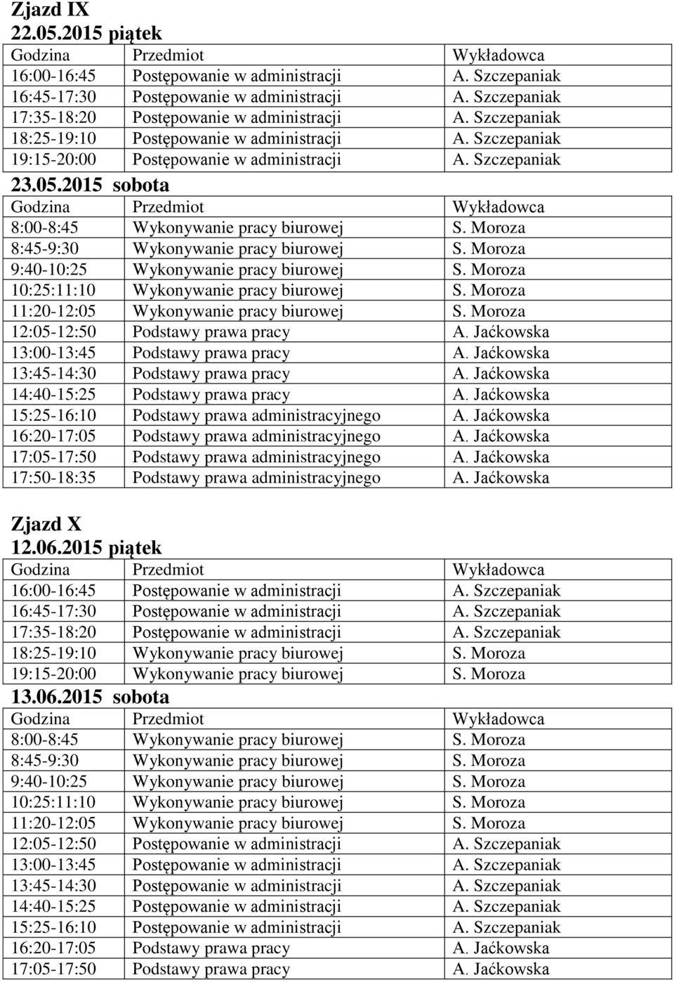 Jaćkowska 13:45-14:30 Podstawy prawa pracy A. Jaćkowska 14:40-15:25 Podstawy prawa pracy A. Jaćkowska 15:25-16:10 Podstawy prawa administracyjnego A.