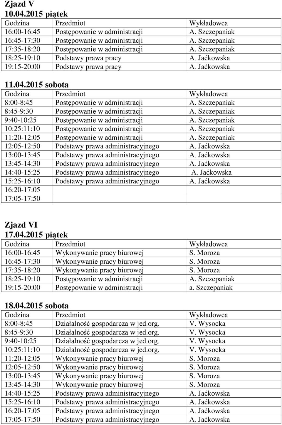 Szczepaniak 11:20-12:05 Postępowanie w administracji A. Szczepaniak 12:05-12:50 Podstawy prawa administracyjnego A. Jaćkowska 13:00-13:45 Podstawy prawa administracyjnego A.