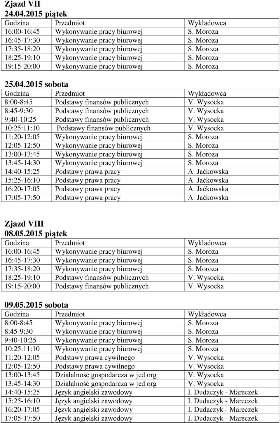 Wysocka 8:45-9:30 Podstawy finansów publicznych V. Wysocka 9:40-10:25 Podstawy finansów publicznych V. Wysocka 10:25:11:10 Podstawy finansów publicznych V.