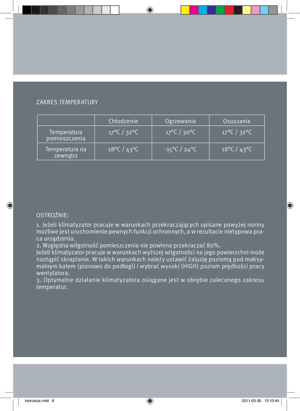 Względna wilgotność pomieszczenia nie powinna przekraczać 80%. Jeżeli klimatyzator pracuje w warunkach wyższej wilgotności na jego powierzchni może nastąpić skraplanie.