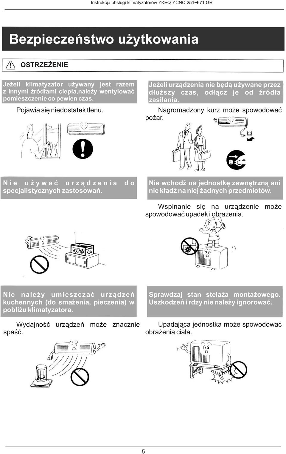 Nie używać urządzenia d specjalistycznych zastswań. Nie wchdź na jednstkę zewnętrzną ani nie kładź na niej żadnych przedmitów. Wspinanie się na urządzenie mże spwdwać upadek i brażenia.