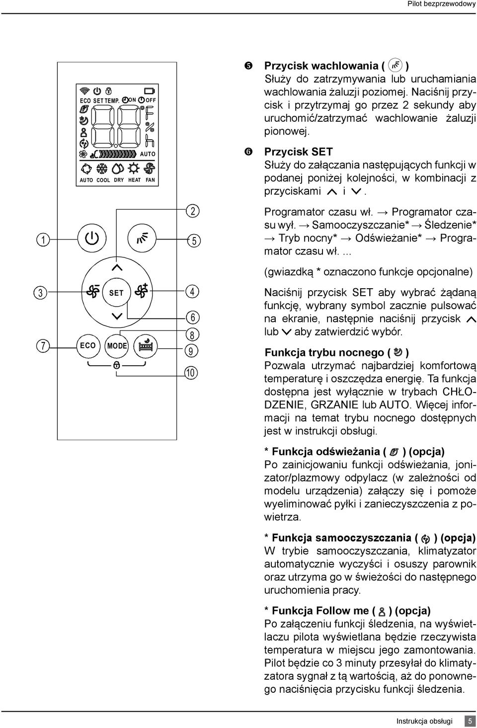 Przycisk SET Służy do załączania następujących funkcji w podanej poniżej kolejności, w kombinacji z przyciskami i. 1 2 5 Programator czasu wł. Programator czasu wył.