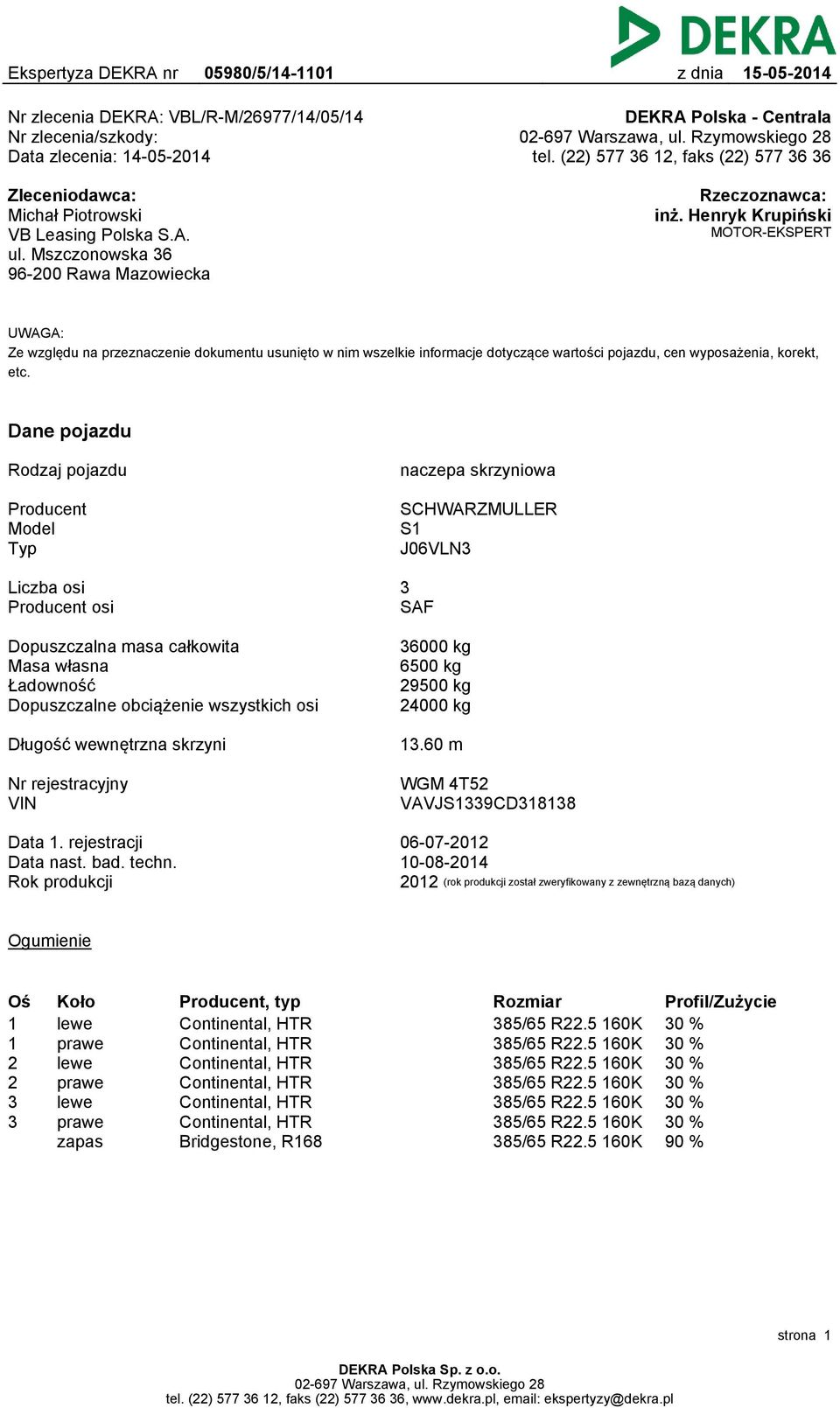 Henryk Krupiński MOTOR-EKSPERT UWAGA: Ze względu na przeznaczenie dokumentu usunięto w nim wszelkie informacje dotyczące wartości pojazdu, cen wyposażenia, korekt, etc.