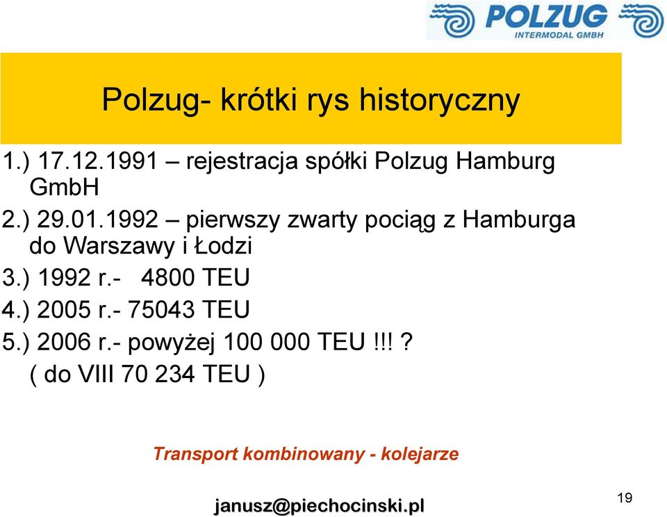 1992 pierwszy zwarty pociąg z Hamburga do Warszawy i Łodzi 3.) 1992 r.