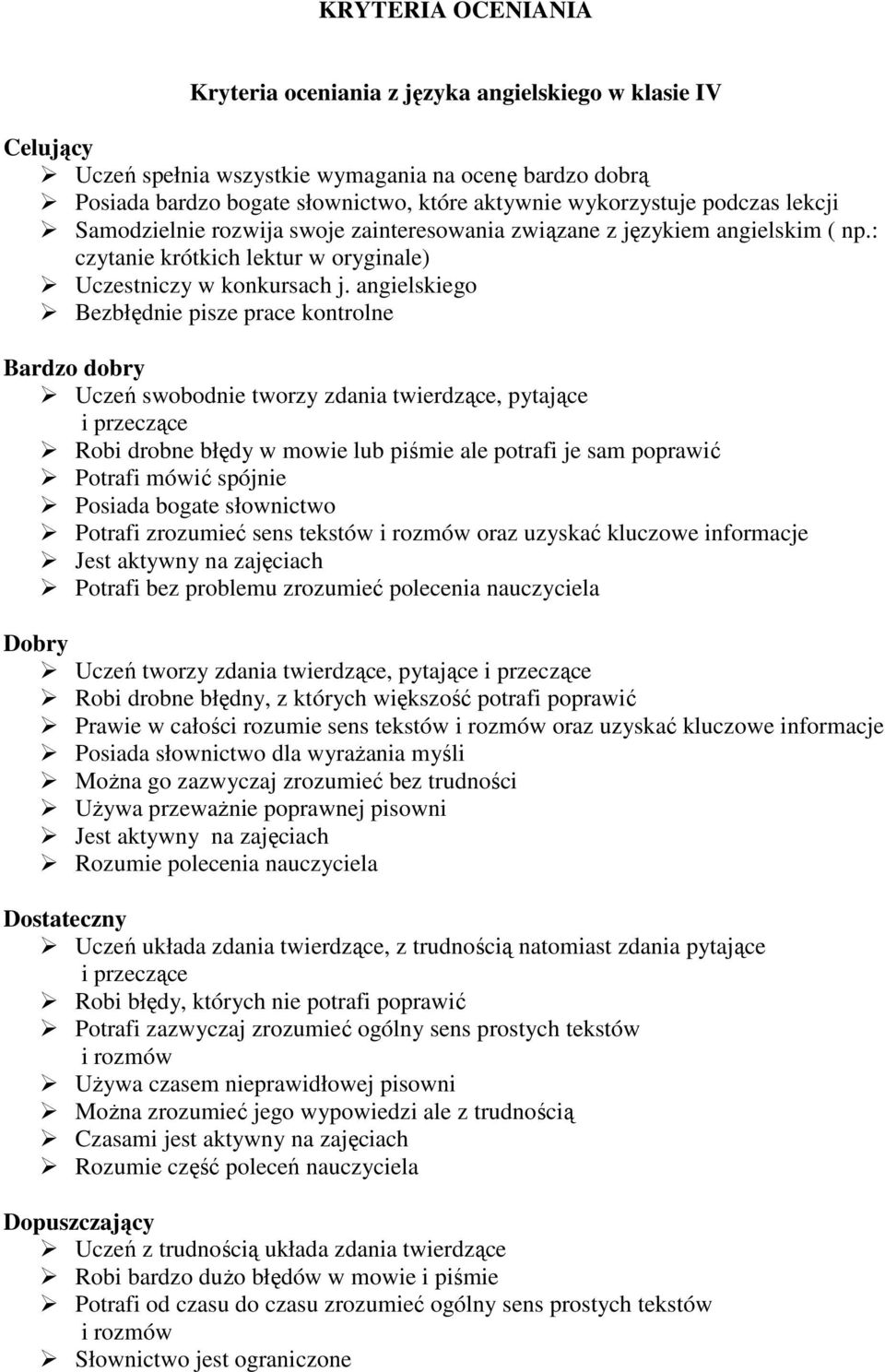 angielskiego Bezbłędnie pisze prace kontrolne Bardzo dobry Uczeń swobodnie tworzy zdania twierdzące, pytające i przeczące Robi drobne błędy w mowie lub piśmie ale potrafi je sam poprawić Potrafi