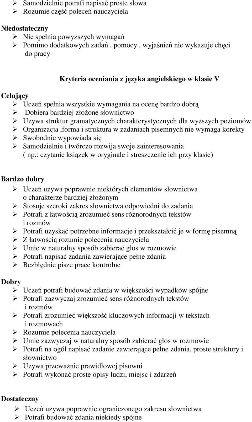 charakterystycznych dla wyŝszych poziomów Organizacja,forma i struktura w zadaniach pisemnych nie wymaga korekty Swobodnie wypowiada się Samodzielnie i twórczo rozwija swoje zainteresowania ( np.