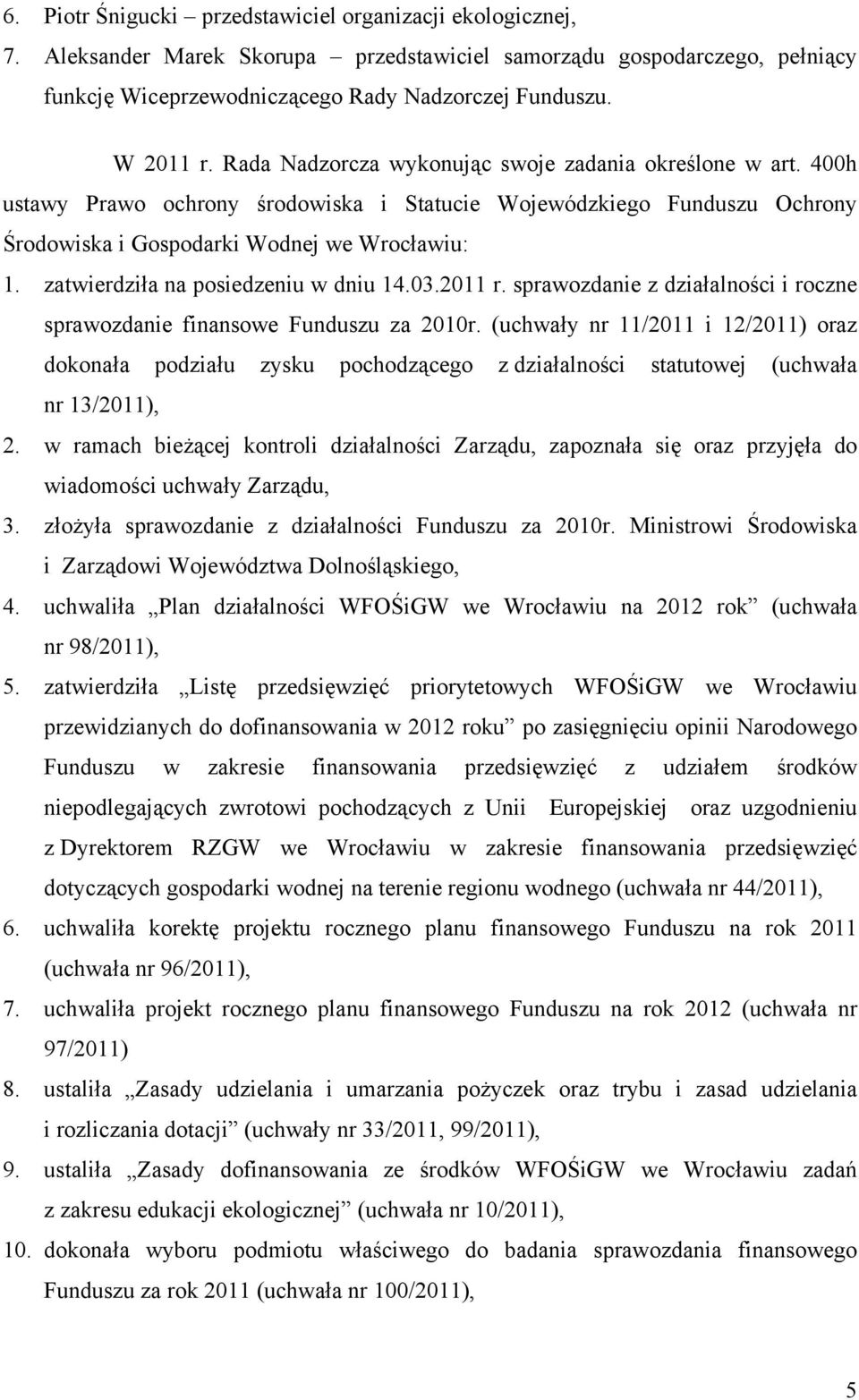 zatwierdziła na posiedzeniu w dniu 14.03.2011 r. sprawozdanie z działalności i roczne sprawozdanie finansowe Funduszu za 2010r.