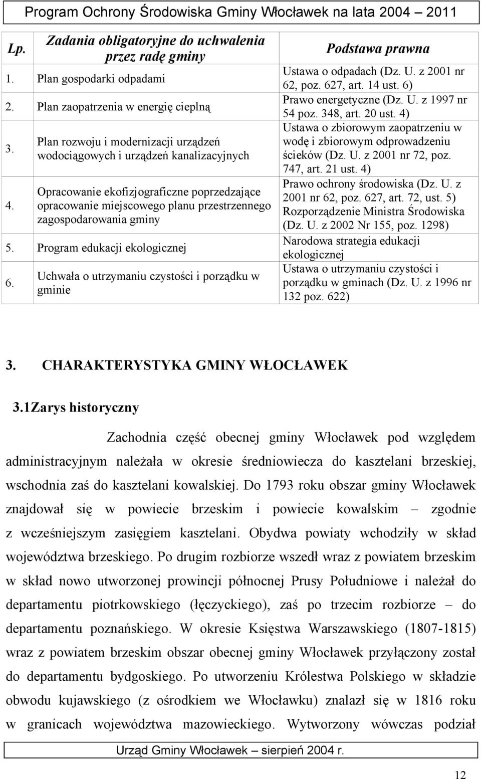 Program edukacji ekologicznej 6. Uchwała o utrzymaniu czystości i porządku w gminie Podstawa prawna Ustawa o odpadach (Dz. U. z 2001 nr 62, poz. 627, art. 14 ust. 6) Prawo energetyczne (Dz. U. z 1997 nr 54 poz.