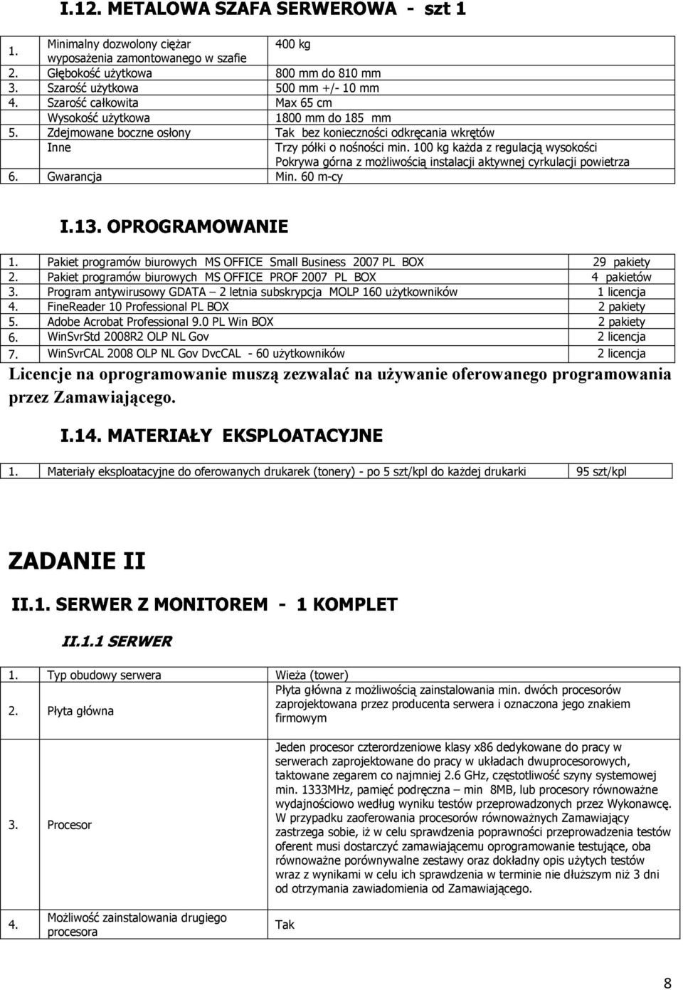 100 kg każda z regulacją wysokości Pokrywa górna z możliwością instalacji aktywnej cyrkulacji powietrza 6. Gwarancja Min. 60 m-cy 1.