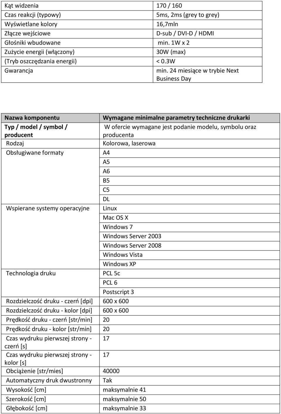 24 miesiące w trybie Next Business Day Nazwa komponentu Typ / model / symbol / producent Rodzaj Obsługiwane formaty Wspierane systemy operacyjne Technologia druku Rozdzielczość druku - czerń [dpi]