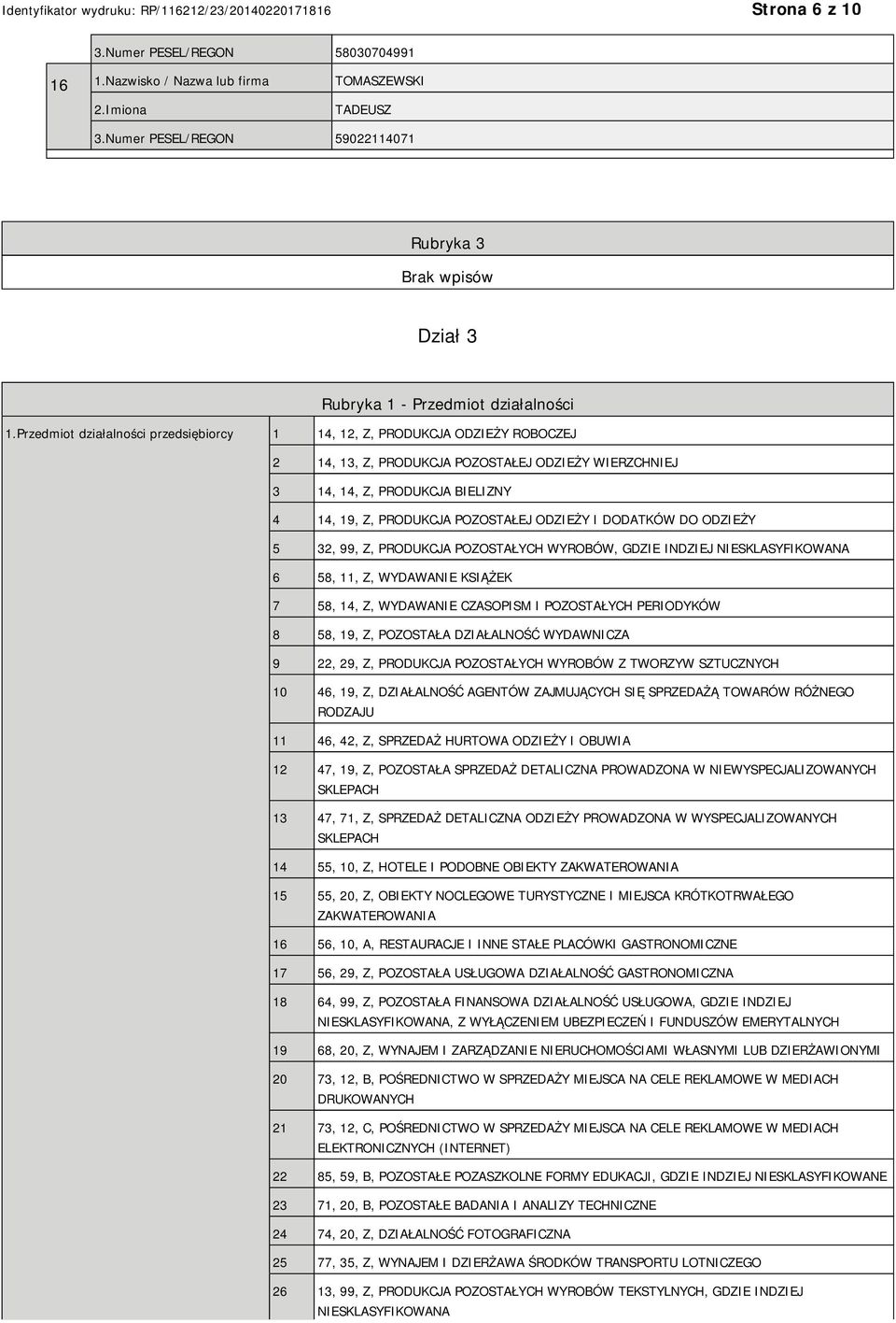 ODZIEŻY I DODATKÓW DO ODZIEŻY 5 32, 99, Z, PRODUKCJA POZOSTAŁYCH WYROBÓW, GDZIE INDZIEJ NIESKLASYFIKOWANA 6 58, 11, Z, WYDAWANIE KSIĄŻEK 7 58, 14, Z, WYDAWANIE CZASOPISM I POZOSTAŁYCH PERIODYKÓW 8