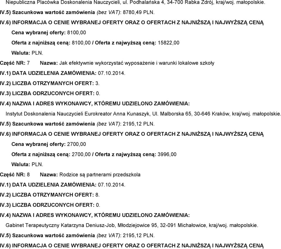 2) LICZBA OTRZYMANYCH OFERT: 3. Instytut Doskonalenia Nauczycieli Eurokreator Anna Kunaszyk, Ul. Malborska 65, 30-646 Kraków, kraj/woj. małopolskie.