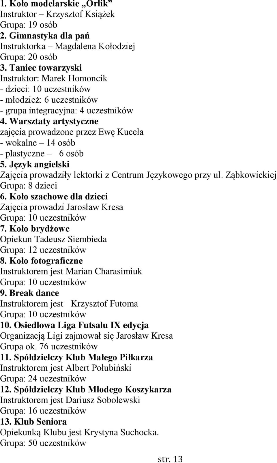 Warsztaty artystyczne zajęcia prowadzone przez Ewę Kuceła - wokalne 14 osób - plastyczne 6 osób 5. Język angielski Zajęcia prowadziły lektorki z Centrum Językowego przy ul.