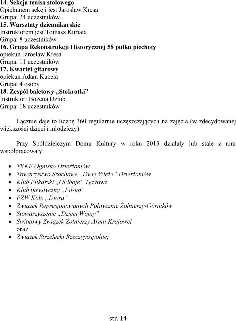 Zespół baletowy Stokrotki Instruktor: Bożena Dziub Grupa: 18 uczestników Łącznie daje to liczbę 360 regularnie uczęszczających na zajęcia (w zdecydowanej większości dzieci i młodzieży).