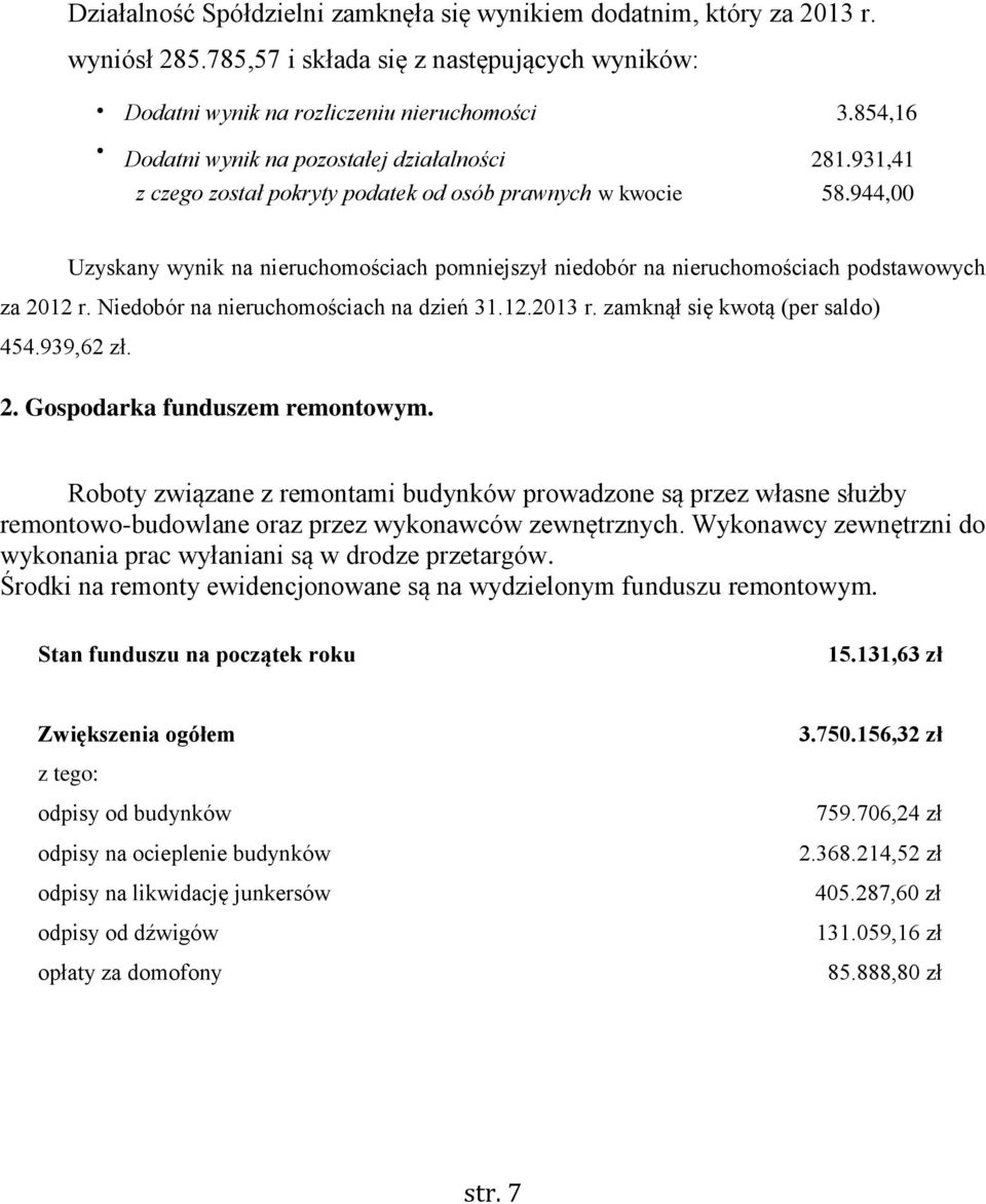944,00 Uzyskany wynik na nieruchomościach pomniejszył niedobór na nieruchomościach podstawowych za 2012 r. Niedobór na nieruchomościach na dzień 31.12.2013 r. zamknął się kwotą (per saldo) 454.