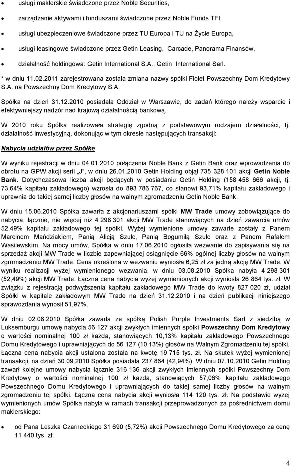 2011 zarejestrowana została zmiana nazwy spółki Fiolet Powszechny Dom Kredytowy S.A. na Powszechny Dom Kredytowy S.A. Spółka na dzień 31.12.