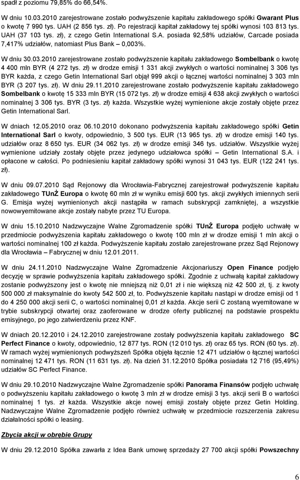 W dniu 30.03.2010 zarejestrowane zostało podwyższenie kapitału zakładowego Sombelbank o kwotę 4 400 mln BYR (4 272 tys.