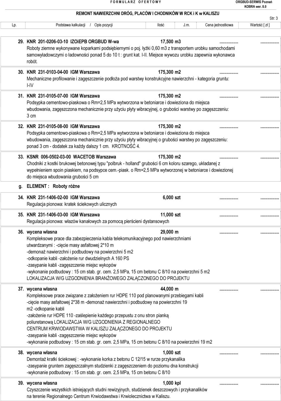 KNR 231-0103-04-00 IGM Warszawa 175,300 m2...... Mechaniczne profilowanie i zagęszczenie podłoża pod warstwy konstrukcyjne nawierzchni - kategoria gruntu: I-IV 31.