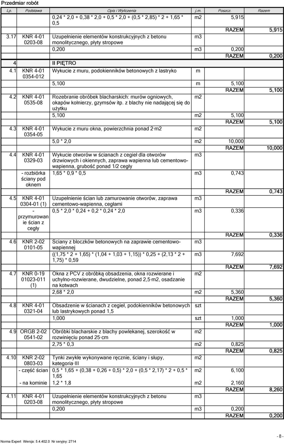 3 0354-05 Wykucie z uru okna, powierzchnia ponad 2 5,0 * 2,0 10,000 4.