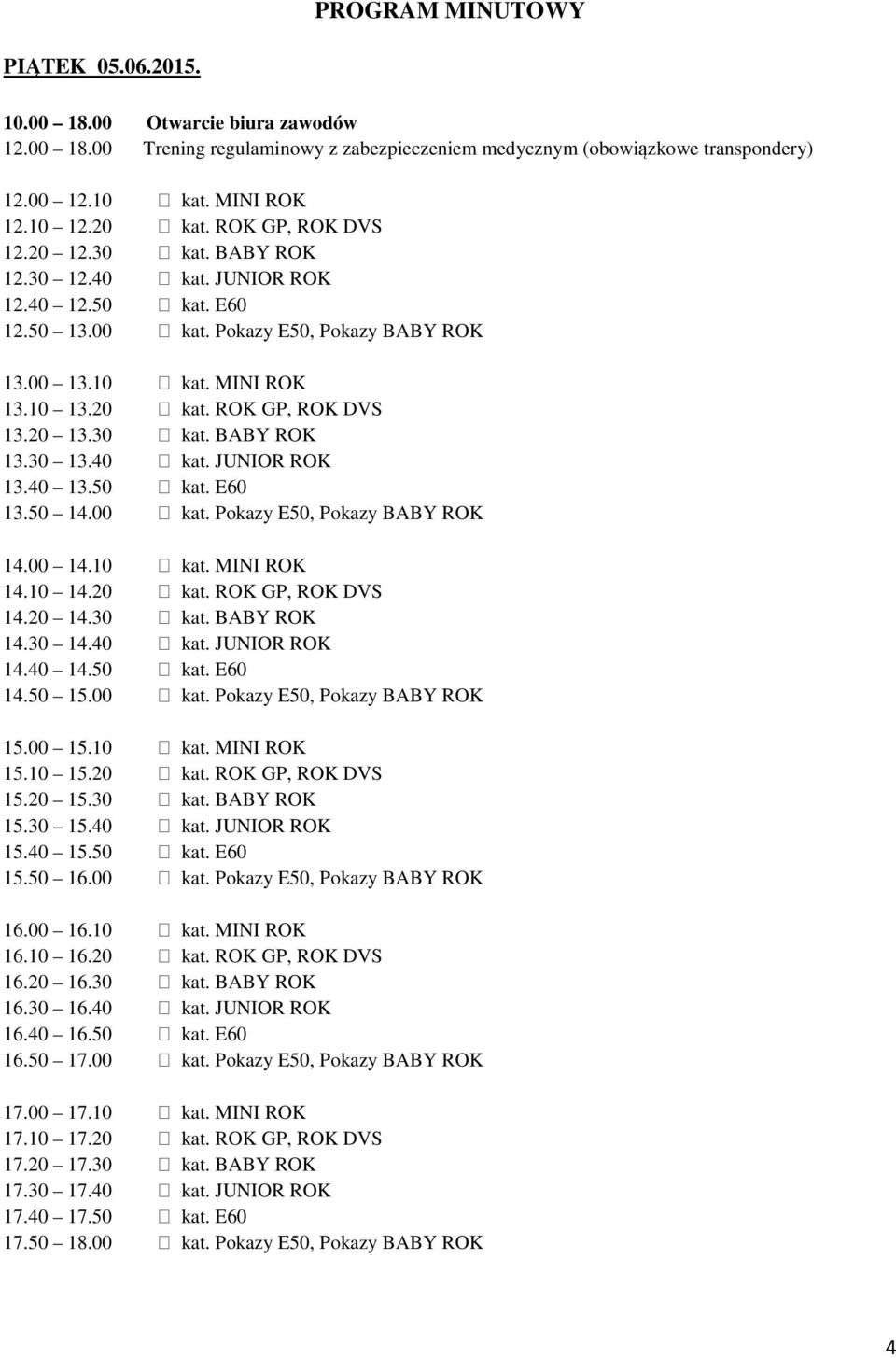 20 13.30 kat. BABY ROK 13.30 13.40 kat. JUNIOR ROK 13.40 13.50 kat. E60 13.50 14.00 kat. Pokazy E50, Pokazy BABY ROK 14.00 14.10 kat. MINI ROK 14.10 14.20 kat. ROK GP, ROK DVS 14.20 14.30 kat. BABY ROK 14.30 14.