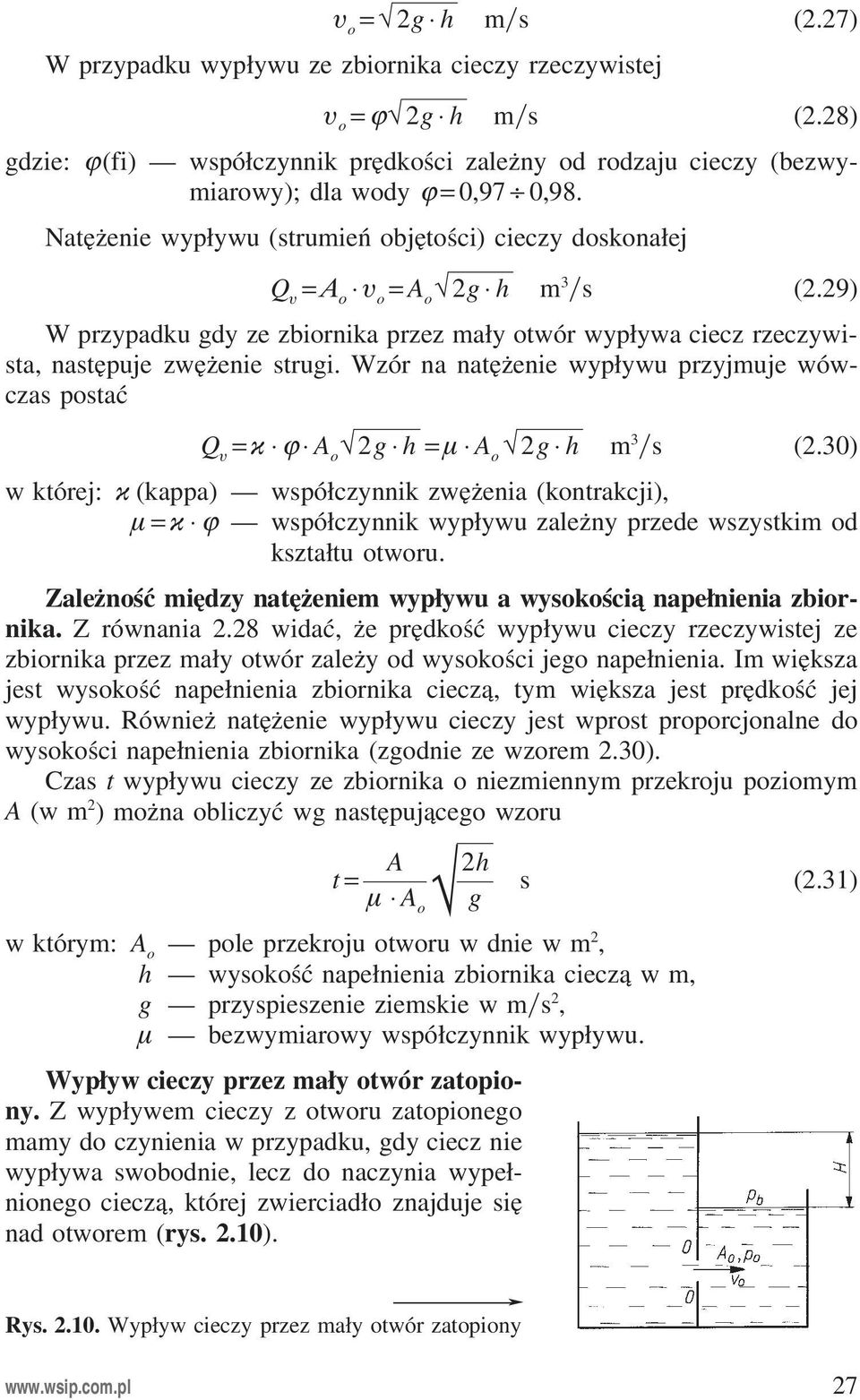 Wzór na natężenie wypływu przyjmuje wówczas postać Q υ = κ ϕ A o 2g h = μ A o 2g h m 3 s (2.