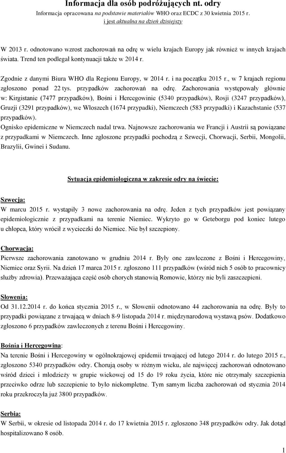 i na początku 2015 r., w 7 krajach regionu zgłoszono ponad 22 tys. przypadków zachorowań na odrę.