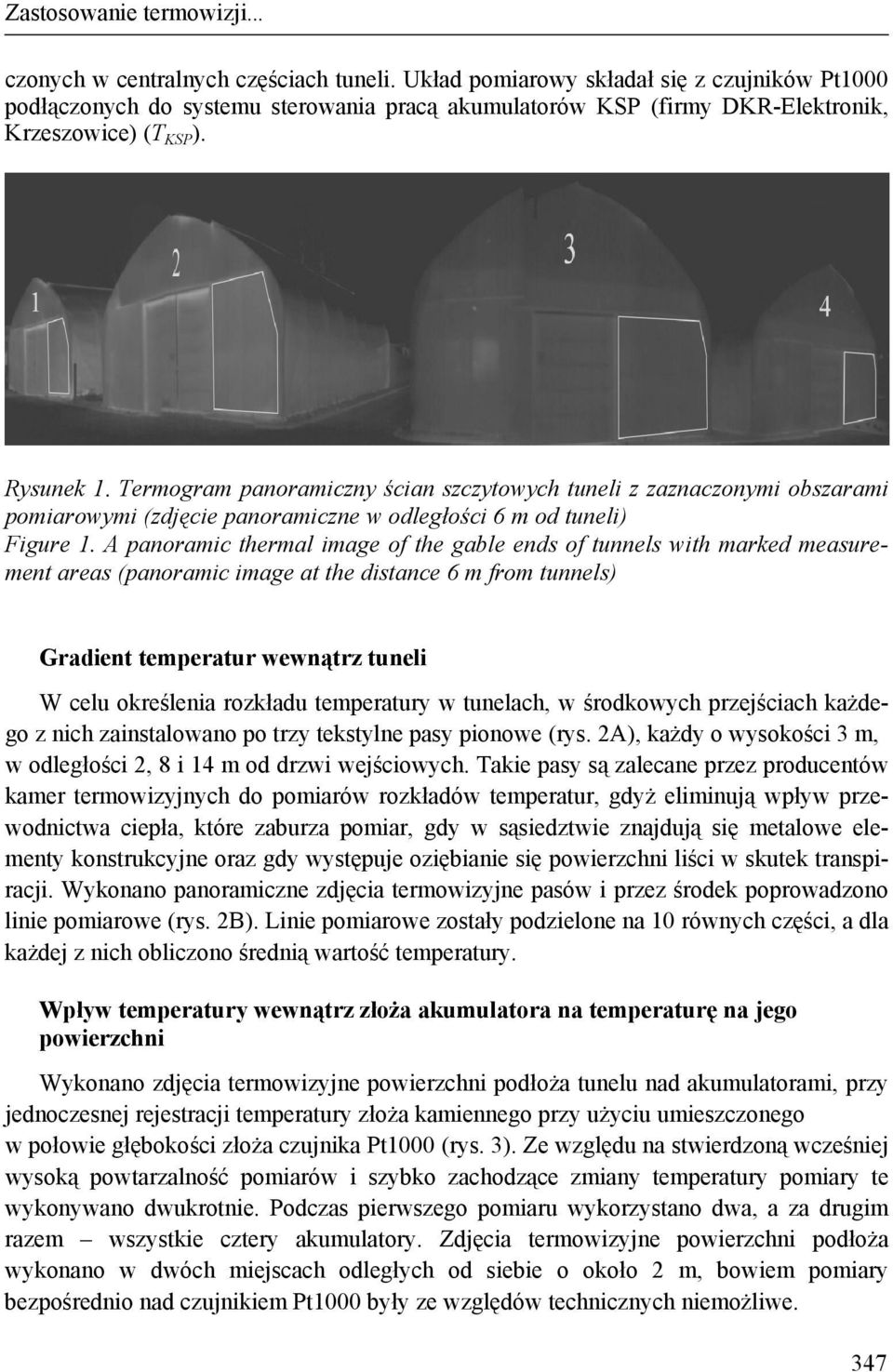 Termogram panoramiczny ścian szczytowych tuneli z zaznaczonymi obszarami pomiarowymi (zdjęcie panoramiczne w odległości 6 m od tuneli) Figure 1.