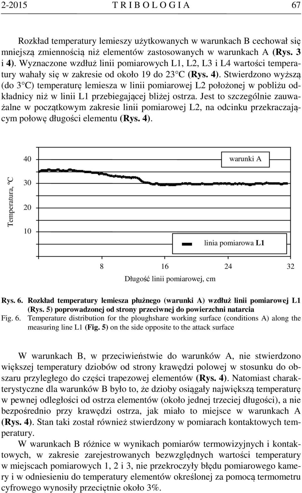 Stwierdzono wyższą (do 3 C) temperaturę lemiesza w linii pomiarowej L2 położonej w pobliżu odkładnicy niż w linii L1 przebiegającej bliżej ostrza.