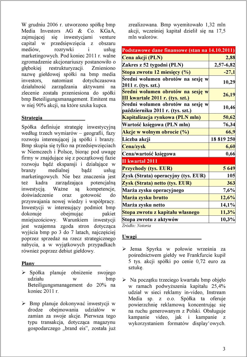 Zmieniono nazwę giełdowej spółki na bmp media investors, natomiast dotychczasowa działalność zarządzania aktywami na zlecenie została przeniesiona do spółki bmp Beteiligungsmanagement.