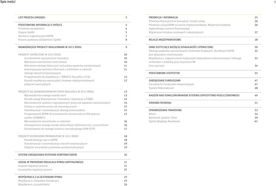 Wspieranie budowy regionalnego centrum finansowego Wspieranie inicjatyw rynkowych i edukacyjnych RELACJE MIĘDZYNARODOWE 25 26 26 27 28 NAJWAŻNIEJSZE PROJEKTY REALIZOWANE W 2012 ROKU PROJEKTY