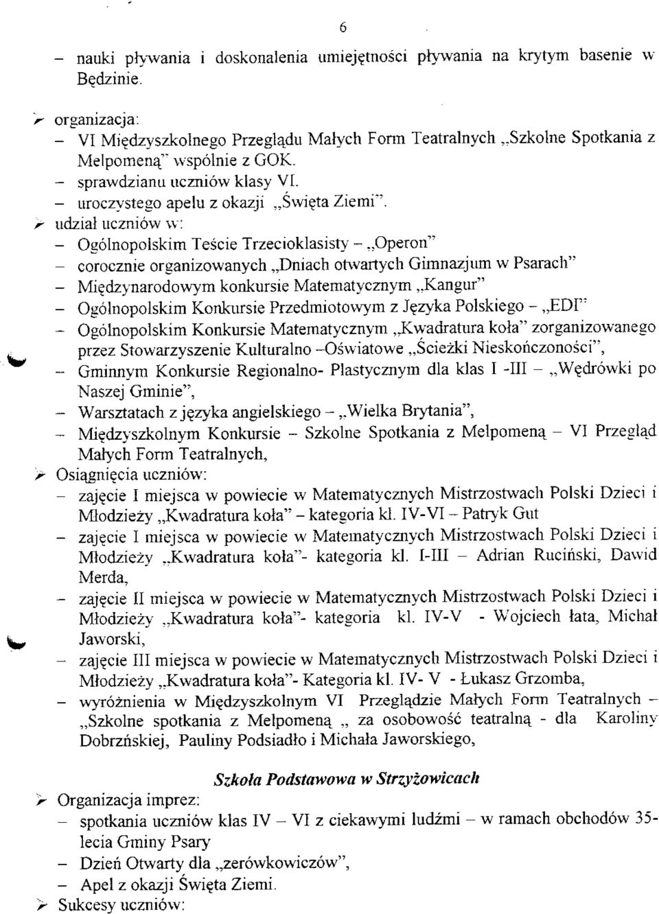 udzial uczniow w: - Ogolnopolskim Tescie Trzecioklasisty -,,Operon" - coroczme organizowanych,,dmach otwartych Gimnazjum w Psarach" - Miedzynarodowym konkursie Matematycznym, JCangur" - Ogolnopolskim