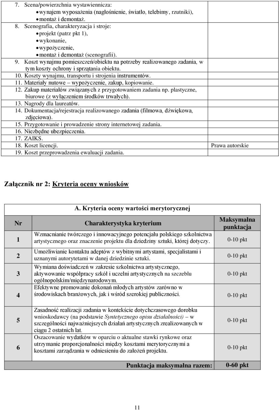 Koszt wynajmu pomieszczeń/obiektu na potrzeby realizowanego zadania, w tym koszty ochrony i sprzątania obiektu. 10. Koszty wynajmu, transportu i strojenia instrumentów. 11.