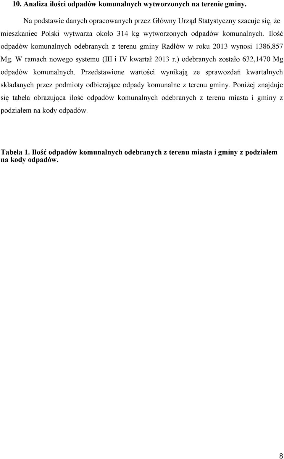 Ilość odpadów komunalnych odebranych z terenu gminy Radłów w roku 2013 wynosi 1386,857 Mg. W ramach nowego systemu (III i IV kwartał 2013 r.) odebranych zostało 632,1470 Mg odpadów komunalnych.