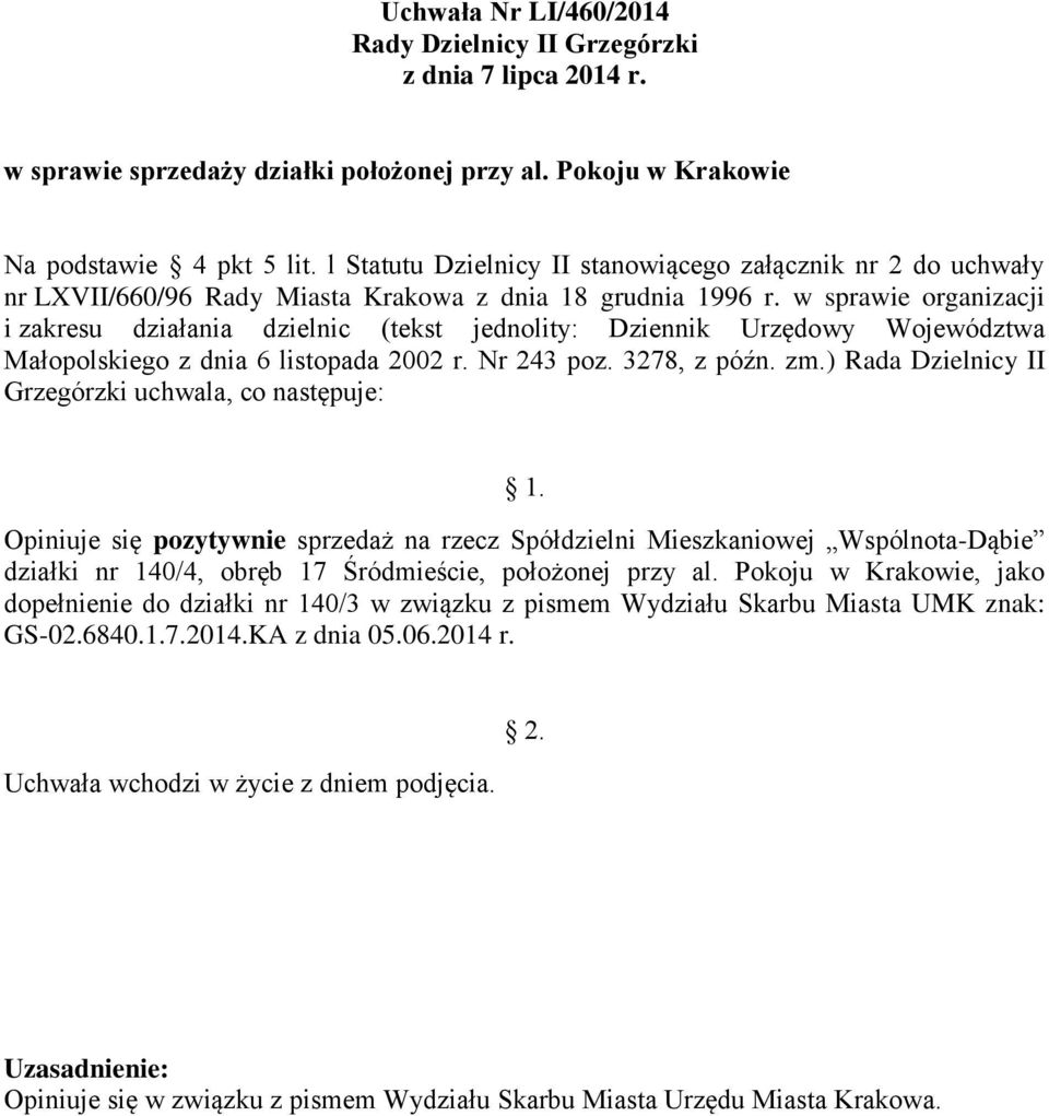 w sprawie organizacji Opiniuje się pozytywnie sprzedaż na rzecz Spółdzielni Mieszkaniowej Wspólnota-Dąbie działki nr 140/4, obręb 17 Śródmieście, położonej