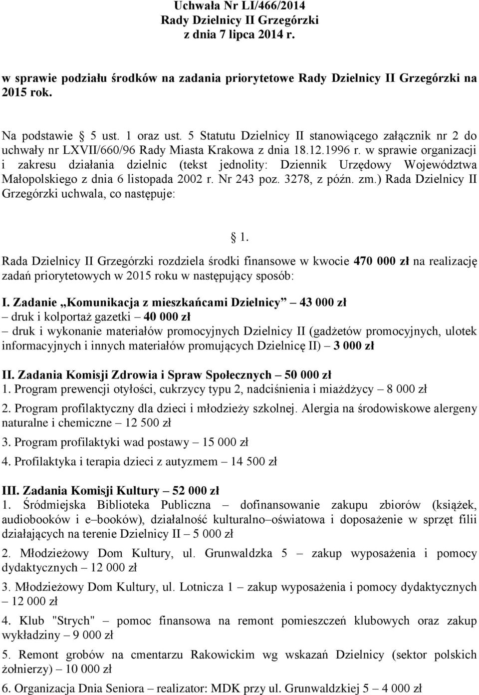 w sprawie organizacji Rada Dzielnicy II Grzegórzki rozdziela środki finansowe w kwocie 470 000 zł na realizację zadań priorytetowych w 2015 roku w następujący sposób: I.